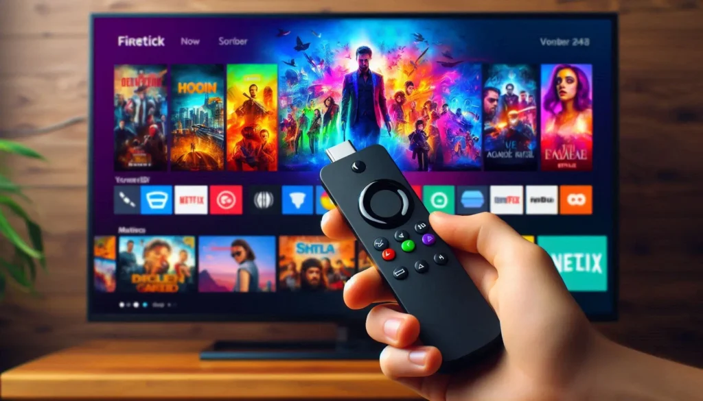 Hand hält eine Firestick-Fernbedienung vor einem Smart-TV mit IPTV-Oberfläche, die verschiedene Apps und Filme zeigt.