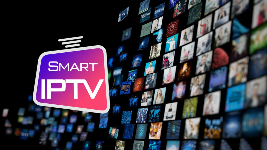 Smart IPTV Logo vor einer Wand aus Streaming-Inhalten und TV-Kanälen, symbolisiert modernes Fernsehen über Internet.